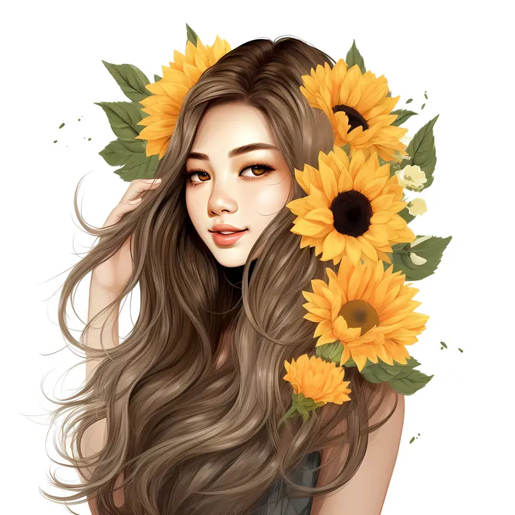 Beautiful Woman with Sunflowers in Her Hair