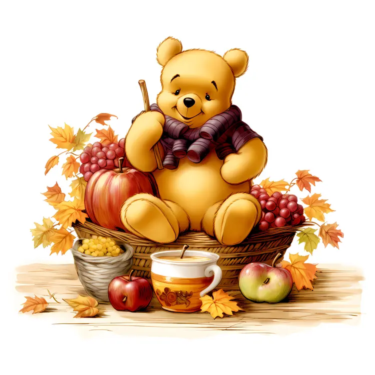 Yellow Bear with Basket of Fruits and Autumn Leaves