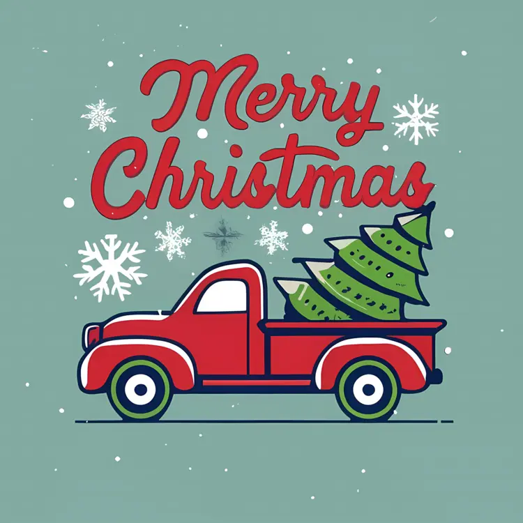 Red Truck with Christmas Tree and Snowflakes