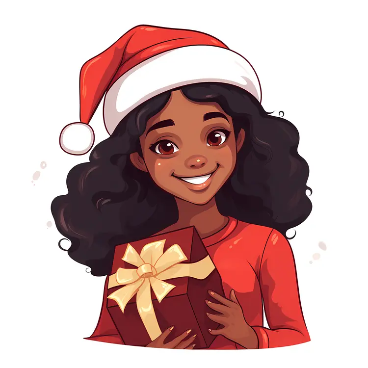 Smiling Girl with Santa Hat and Gift