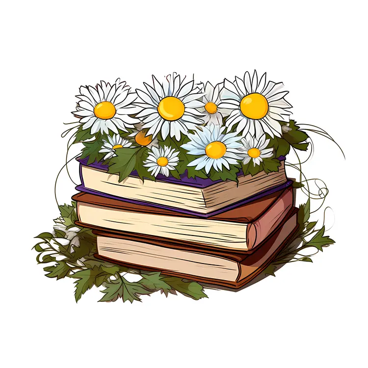 Books with Daisies Illustration