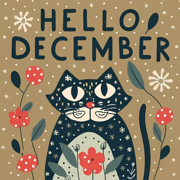 Hello December Text with Cat and Flowers