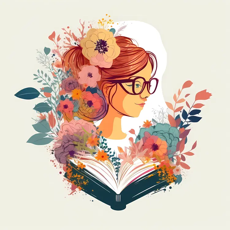 Woman Reading Book with Floral Background