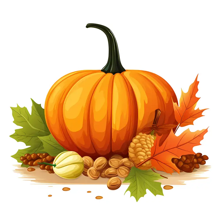 Orange Pumpkin with Autumn Leaves and Pinecones