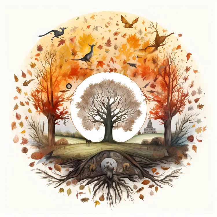 Red and White Trees with Birds