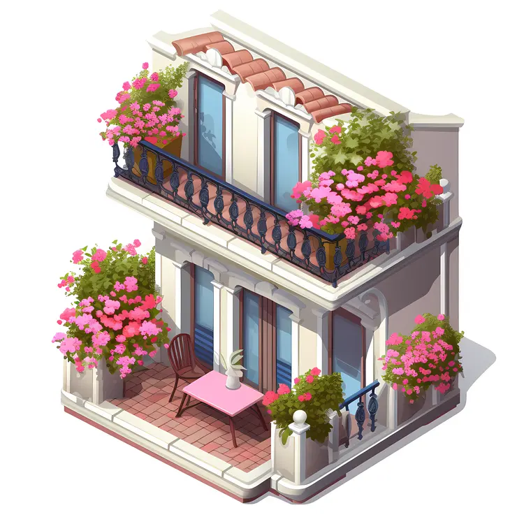 Flower Balcony with Pink and Red Flowers