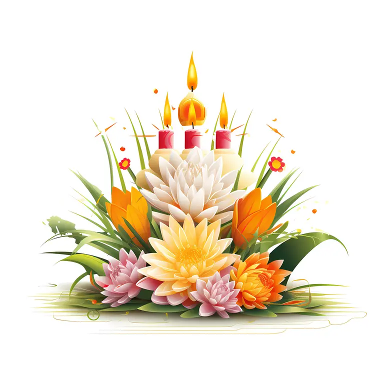 Colorful Lotus Flowers with Candles and Leaves
