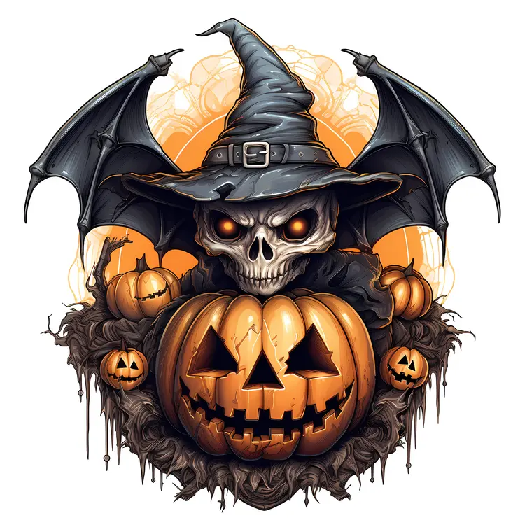 Skull with Pumpkins and Bat Wings