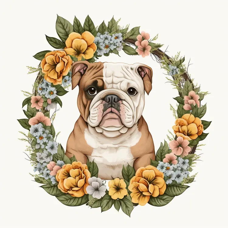 Bulldog in Floral Wreath Illustration