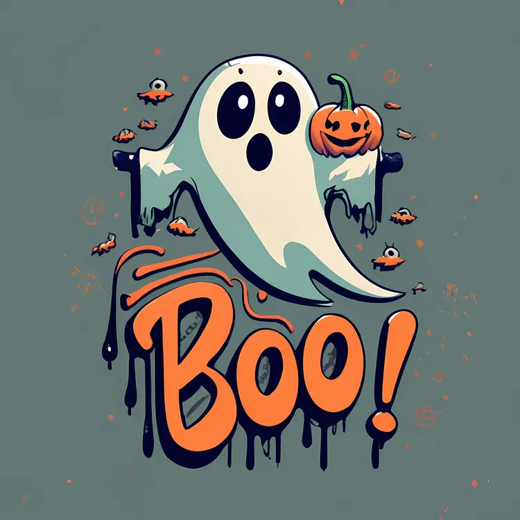 Spooky Ghost with Pumpkin and Boo Text