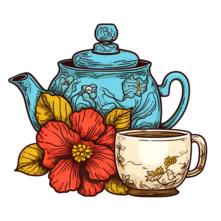 Beautiful Teapot with Cup and Flower Illustration