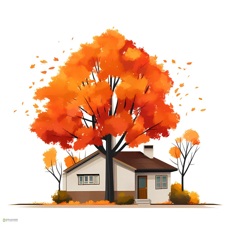 Small house with autumn tree