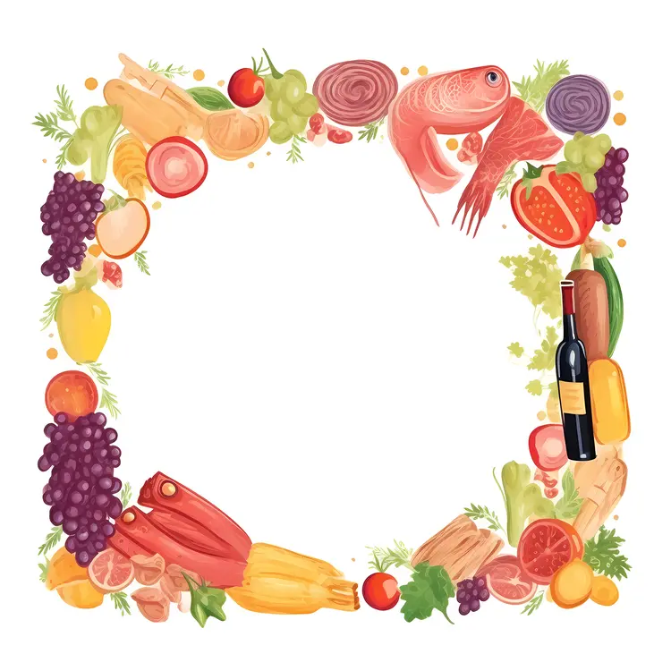 Colorful Food Border with Vegetables
 Fruits
 and Wine