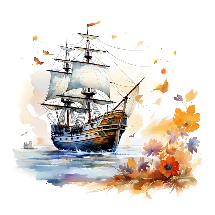 Sailing Ship with Autumn Leaves