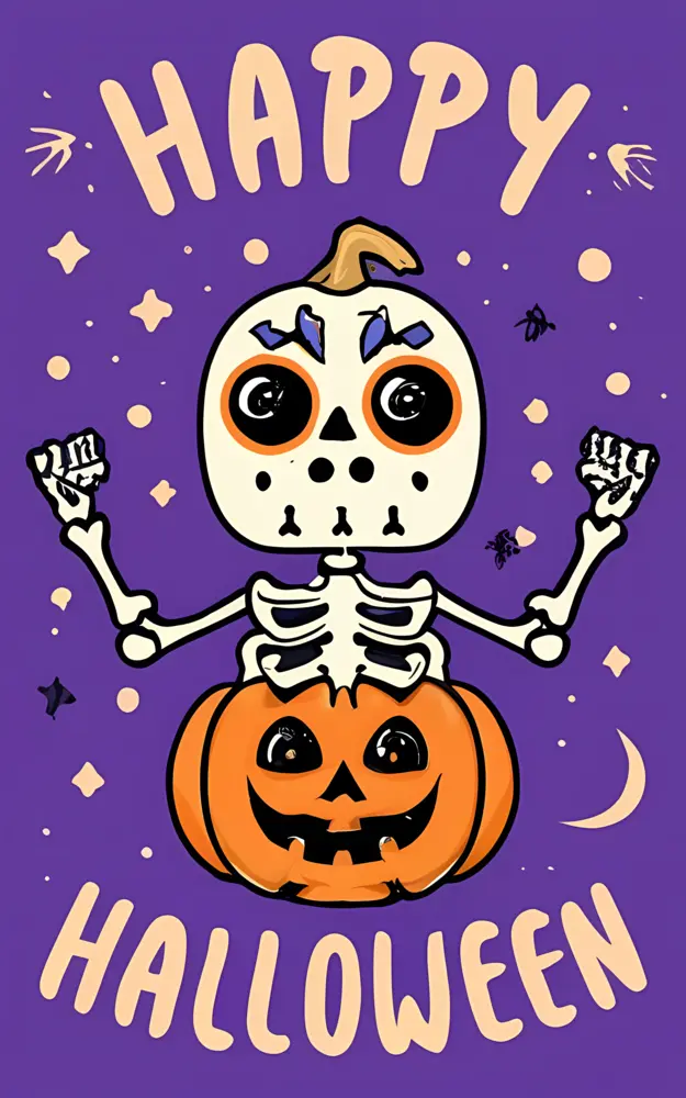 Skeleton with Pumpkin and 'Happy Halloween' Text