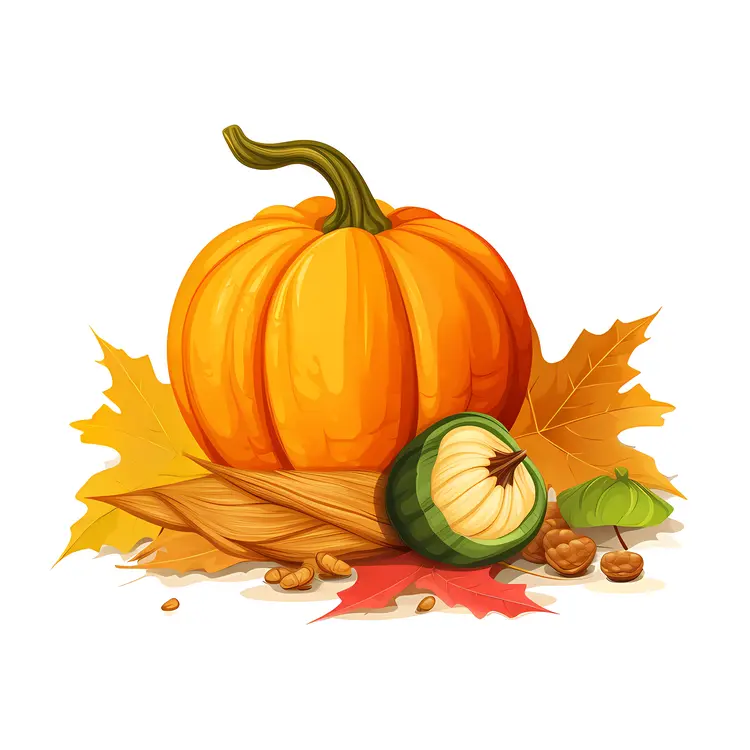 Orange Pumpkin with Autumn Leaves and Corn