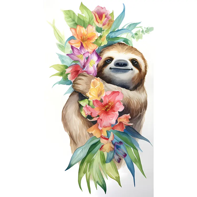 Cute Sloth with Colorful Flowers and Leaves