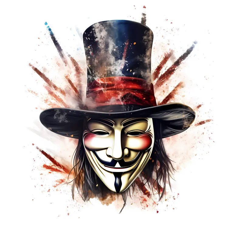 Guy Fawkes Mask with Top Hat and Fireworks