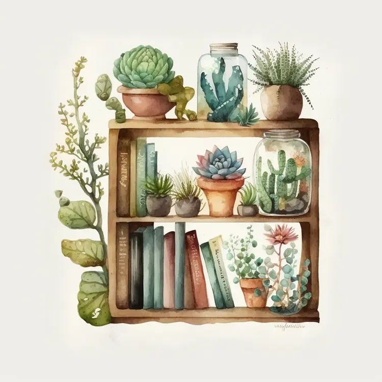 Cozy Bookshelf with Plants and Books