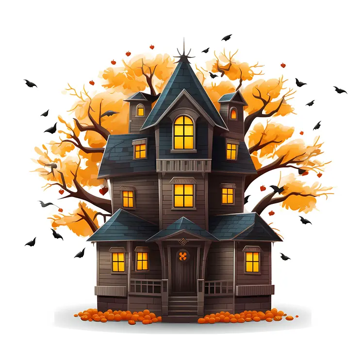 Spooky Haunted House with Autumn Leaves for Halloween