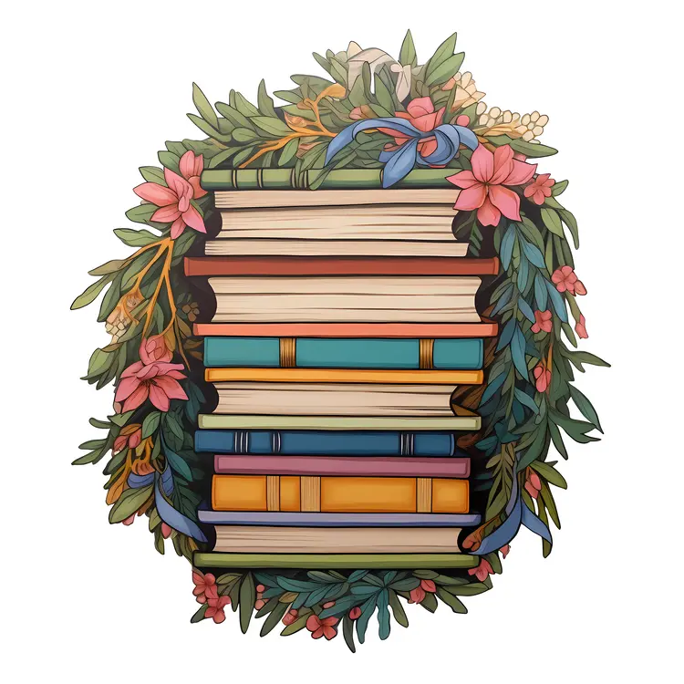 Colorful Stack of Books with Floral Decoration