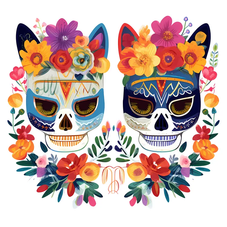 Colorful Sugar Skulls with Floral Decorations for Day of the Dead