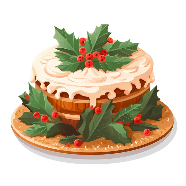 Christmas Cake with Holly Leaves and Red Berries