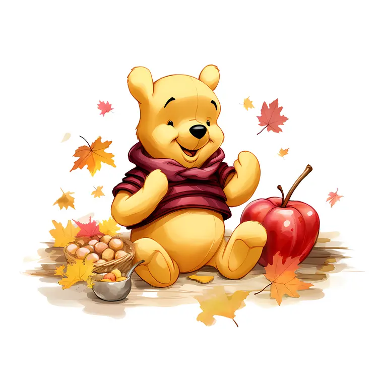 Bear with Autumn Leaves and Apple
