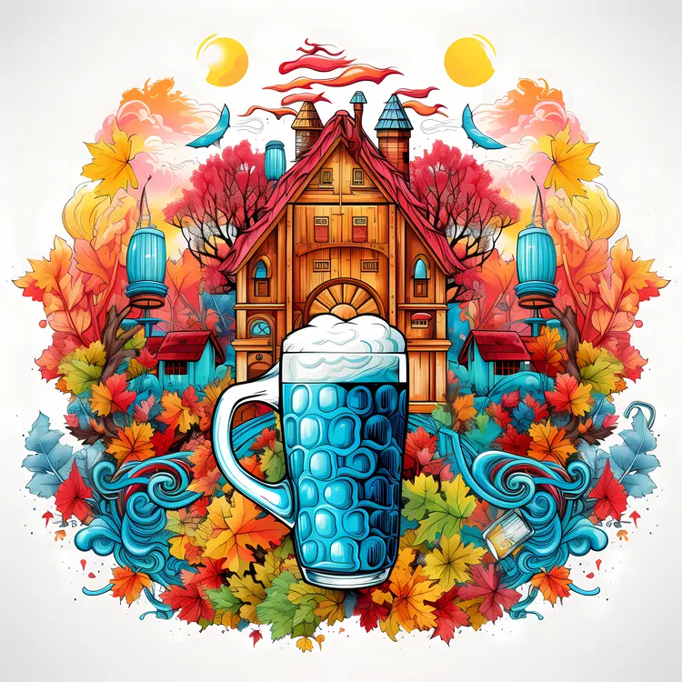Beer Mug with Autumn Leaves and House