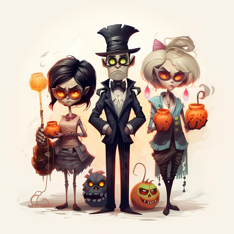 Family with Pumpkins and Halloween Decorations