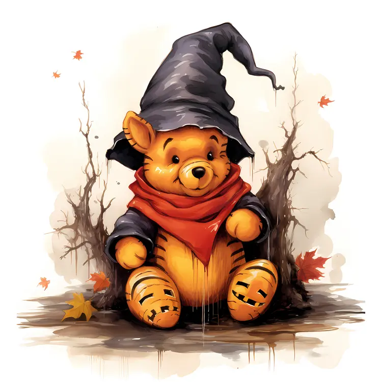 Yellow Bear in Witch Costume with Pumpkin in Spooky Forest