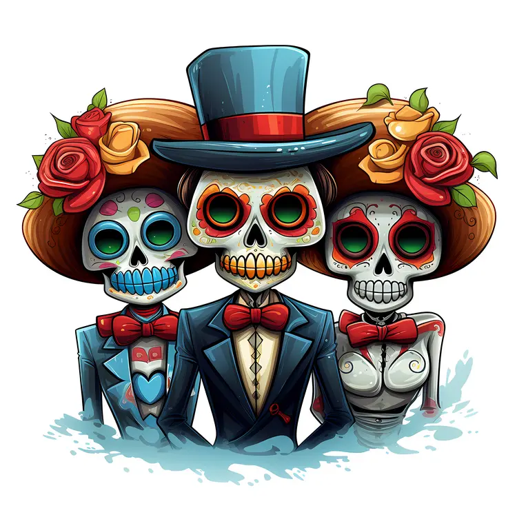 Group of Sugar Skulls with Hats and Roses