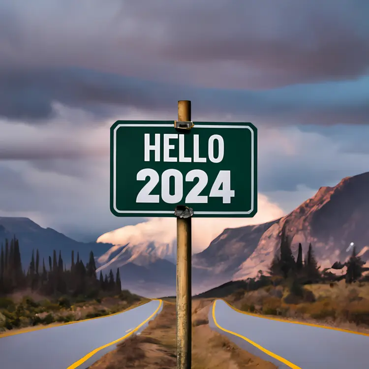 Hello 2024 Road Sign with Mountainous Landscape