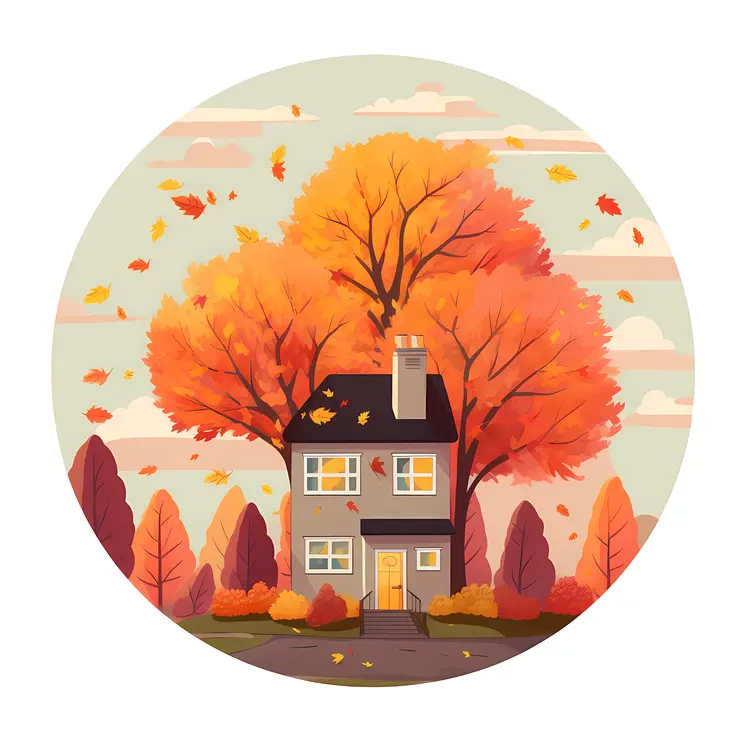 Small cute doodle house with autumn trees