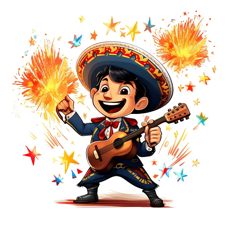 Cute boy with guitar and fireworks