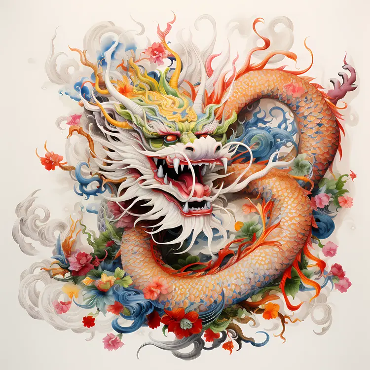 Colorful Dragon with Flowers Illustration