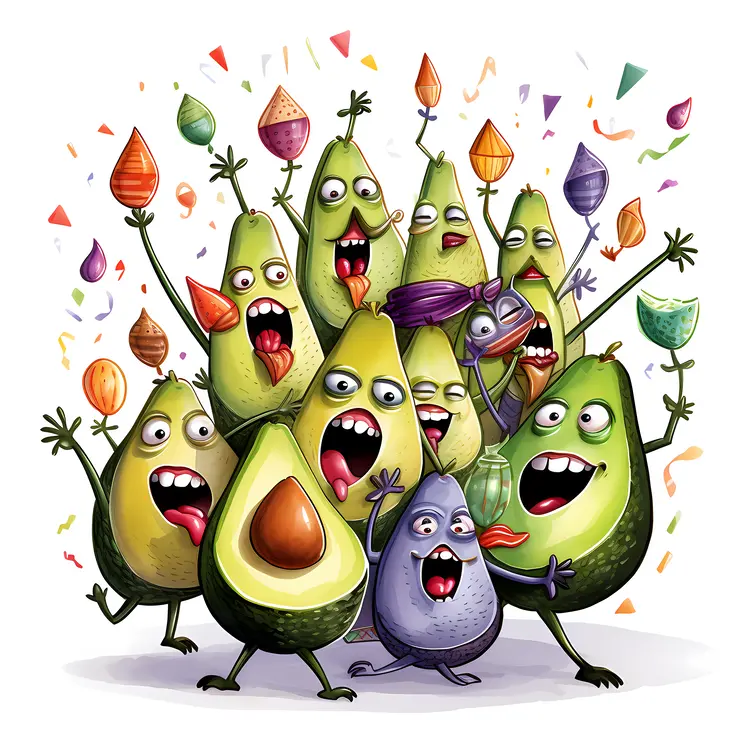 Funny Avocado Characters Celebrating