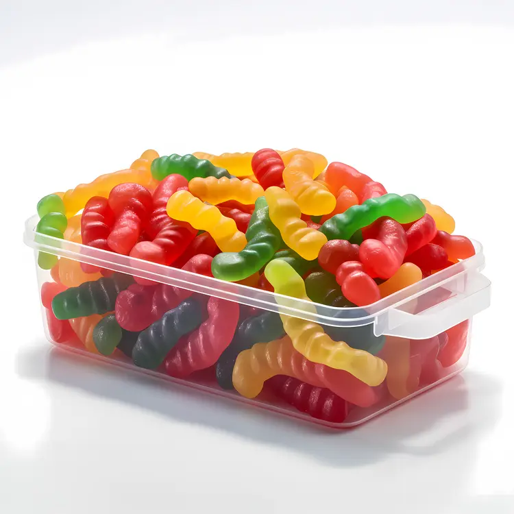 Colorful Gummy Worms in a Plastic Container