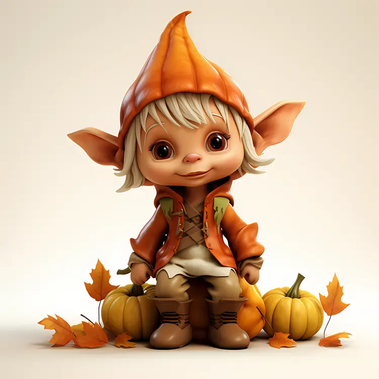 Elf with Pumpkins and Autumn Leaves