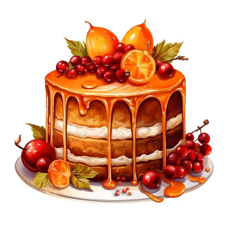Orange Drip Cake with Fruits and Leaves