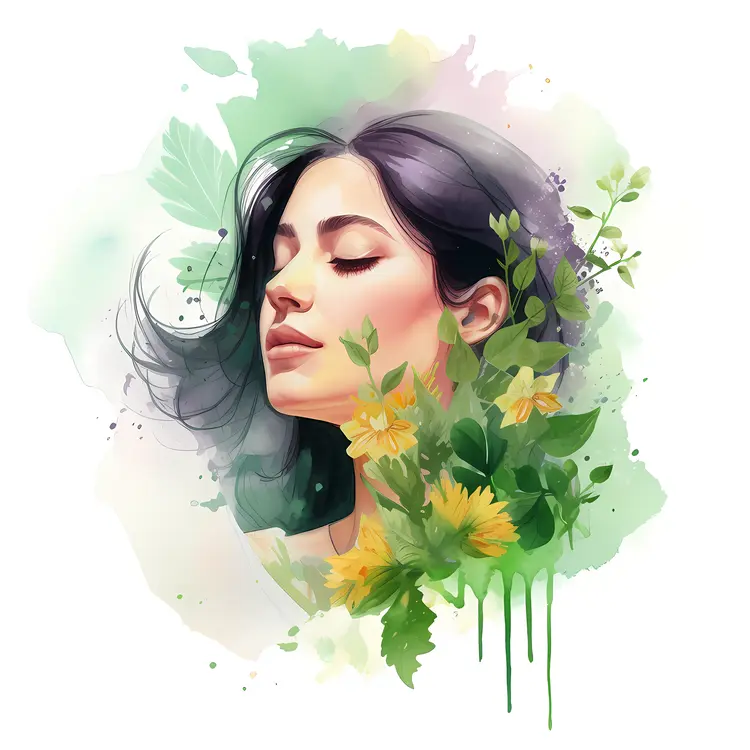 Watercolor Portrait of a Woman with Flowers