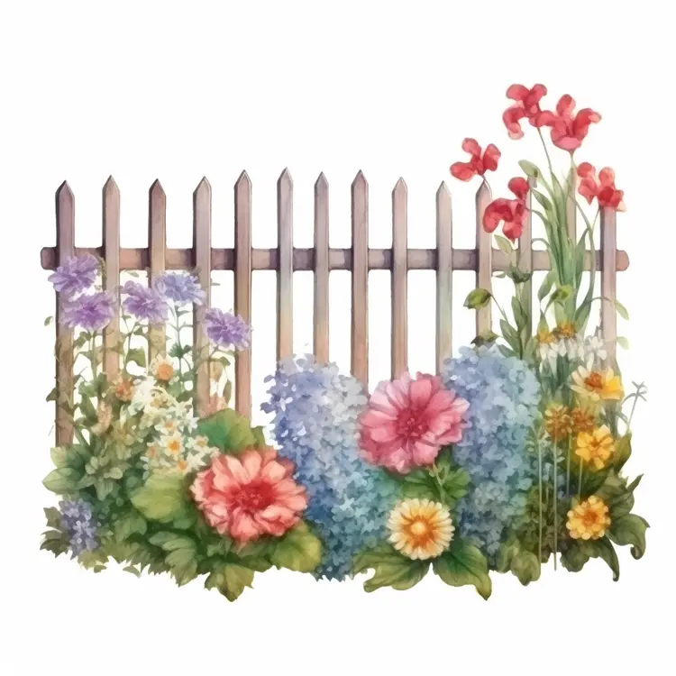 Beautiful Garden with Colorful Flowers and Wooden Fence