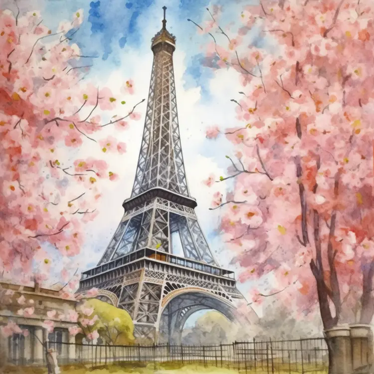 Eiffel Tower with Cherry Blossoms in Spring