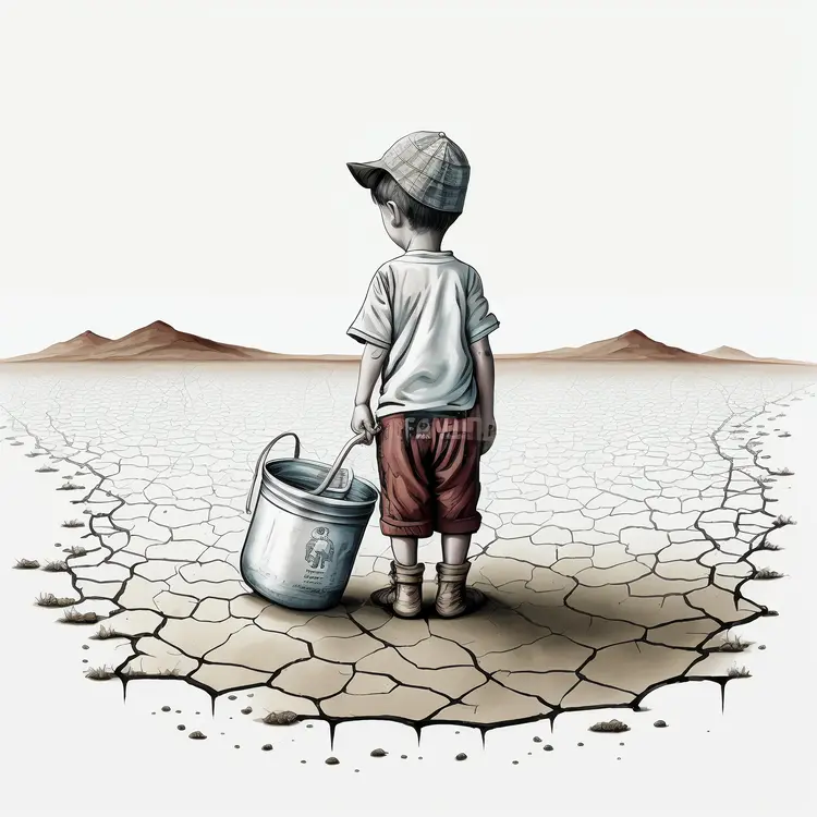 Boy with Bucket on Dry Cracked Ground