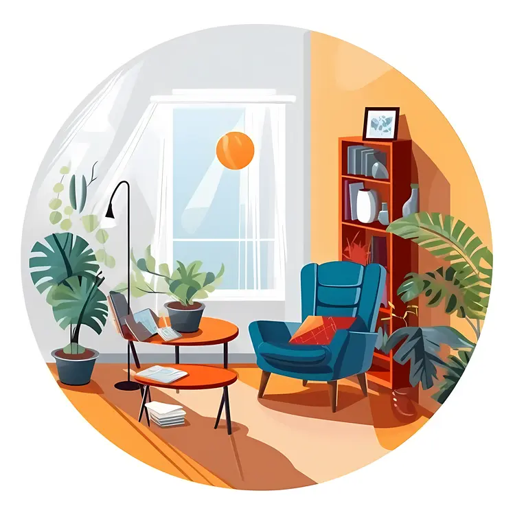 Cozy Living Room with Blue Chair and Plants