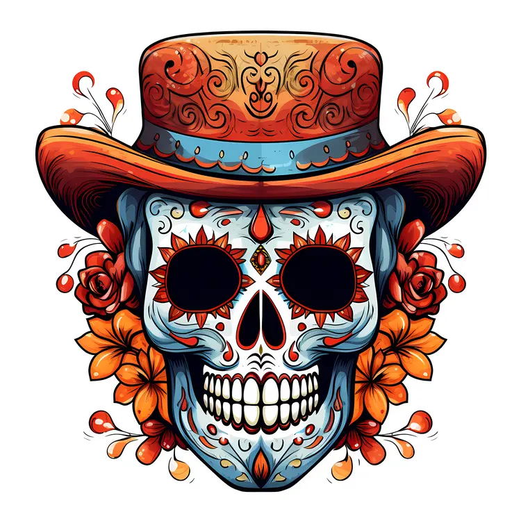 Decorative Sugar Skull with Hat for Day of the Dead
