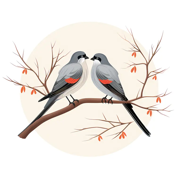 Two Birds Perched on a Branch in Autumn