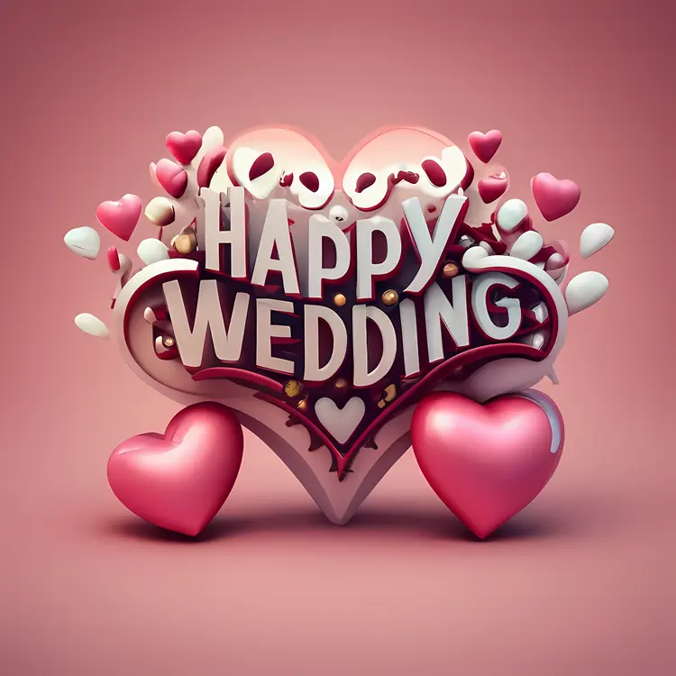 Happy Wedding Text with Hearts and Confetti