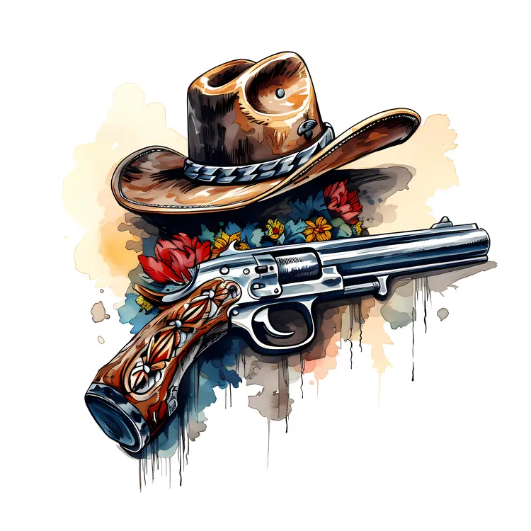 Western Revolver with Cowboy Hat and Flowers Illustration