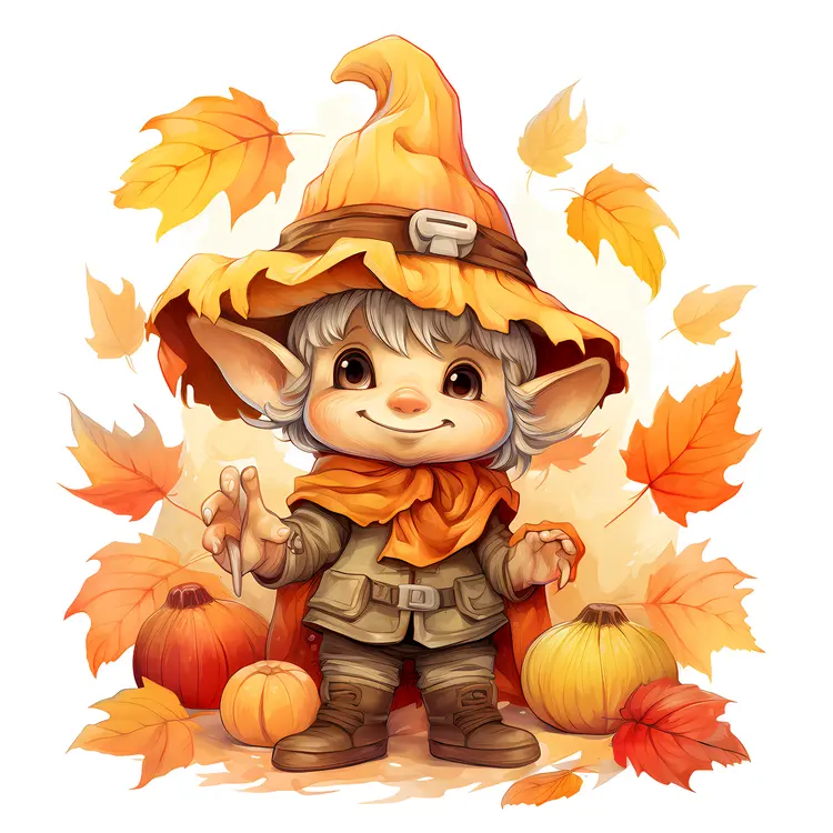 Cute Elf with Pumpkins and Autumn Leaves